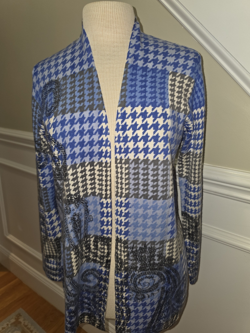 Talbots Blue Houndstooth Open-Front Sweater
